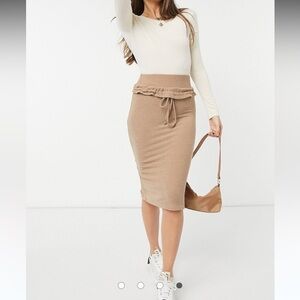 Lavish Alice x Patricia Bright |  relaxed ribbed midi pencil skirt in beige 4